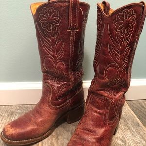 Frye red cowboy boots. Distressed. Size 8.5.
